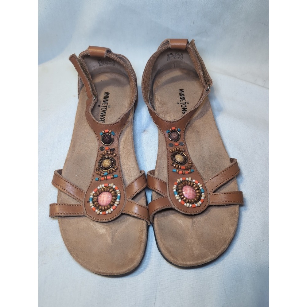 Minnetonka Sandals Women's 10 Leather Upper Tan Strap Beaded Southwest Boho